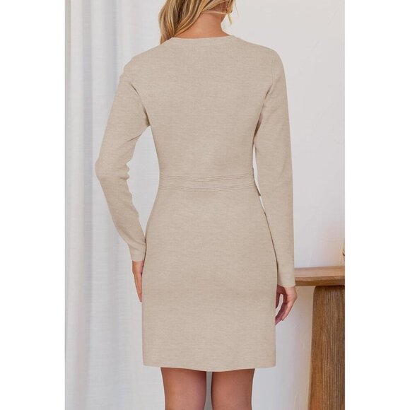Fall 2025 Long Sleeve Bodycon Oatmeal Sweater Dress for Women Winter Formal Mini - Picture 4 of 6